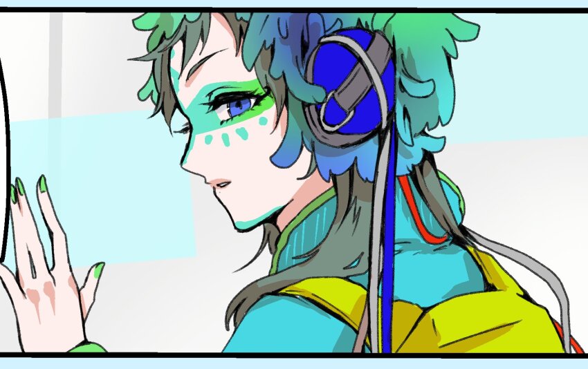 1other androgynous blue_eyes dress facepaint facial_mark feathers forehead_mark gnosia green_hair hair_between_eyes headphones koyuuuuuuuuuuu long_sleeves looking_at_viewer makeup multicolored_hair other_focus raqio short_hair solo streaked_hair tattoo upper_body