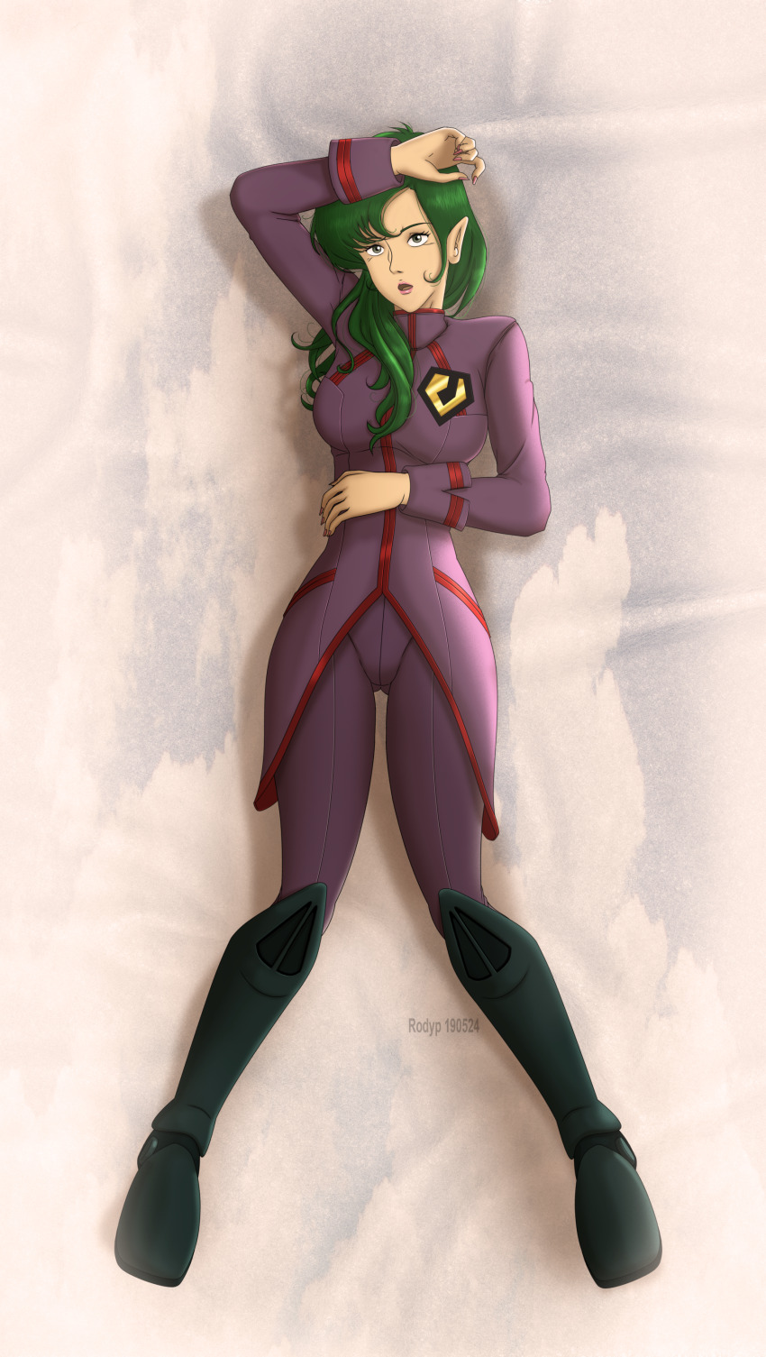 1girl absurdres alien bed boots choujikuu_yousai_macross emblem giant giantess green_hair hand_on_own_head highres long_hair looking_at_viewer lying macross meltrandi military military_uniform millia_jenius naughty_face open_mouth pointy_ears robotech rodypaxten science_fiction zentradi