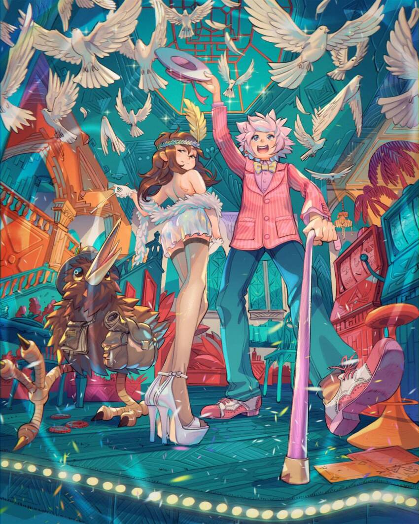 1boy 1girl aqua_pants backless_dress backless_outfit banister bare_shoulders bird black_thighhighs boater_hat bow bowtie brown_bag brown_hair cane card casino chair chandelier cigarette cigarette_holder closed_mouth coat commentary dove dress falling_feathers feather_boa feather_hair_ornament feathers flock gloves hair_ornament half-closed_eyes hat high_heel_sandals highres holding holding_cane holding_cigarette holding_unworn_clothes holding_unworn_hat indoors kiwi_(bird) laurel_crown long_hair looking_at_viewer looking_back looking_up miniskirt multicolored_dress open_mouth orange_socks original palm_tree pants pink_hair pink_shirt pink_shoes pinstripe_coat planter playing_card poker_chip polka_dot_bowtie railing red_coat sandals shirt shoes short_hair simz skirt skylight sleeveless sleeveless_dress slot_machine socks stairs stool strapless strapless_dress table teeth thighhighs too_many too_many_birds tree unworn_hat unworn_headwear upper_teeth_only white_gloves white_sandals window wooden_floor yellow_bow yellow_bowtie yellow_feathers zettai_ryouiki