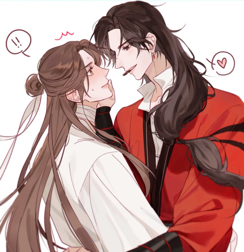 2boys absurdres bandaged_neck bandages bishounen black_eyes black_hair blush brown_eyes brown_hair chinese_clothes earrings hair_bun hair_ribbon hambi hand_on_another&#039;s_face hanfu heart highres hua_cheng jewelry long_hair looking_at_another male_focus multiple_boys ponytail red_hanfu red_robe ribbon robe san_lang shirt simple_background smile teasing tianguan_cifu white_background white_hanfu white_robe white_shirt wide_sleeves xie_lian yaoi