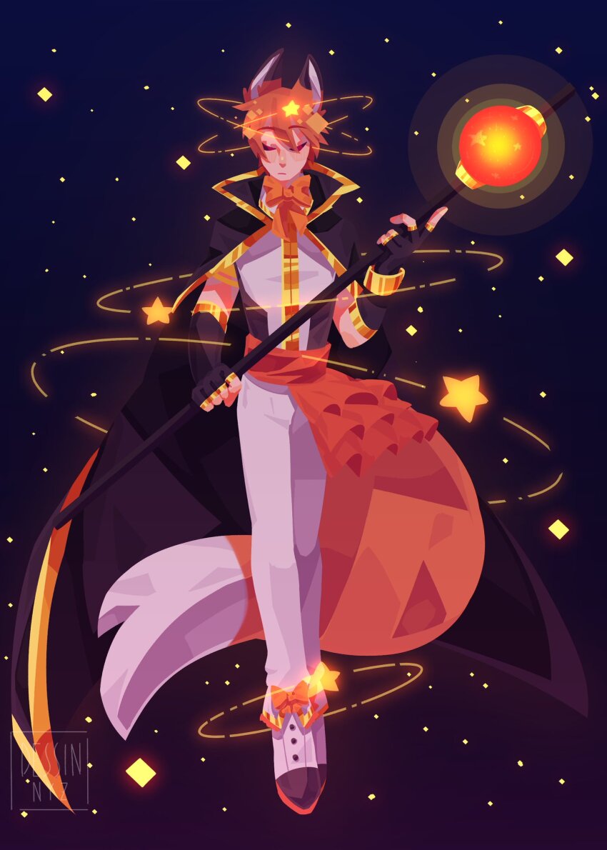 1boy alternate_costume animal_ears animification bad_id bad_twitter_id black_cape black_gloves bow bowtie cape closed_eyes commentary crossover facing_viewer fingerless_gloves formal_clothes fox_boy fox_ears fox_tail frilled_sash frills full_body fundy_(youtuber) gloves glowing gold_trim highres holding holding_wand humanization justdessplease league_of_legends magical_boy male_focus minecraft_youtube no_lineart orange_bow orange_bowtie orange_hair orange_sash pants sash shirt shoes sky solo standing star_(sky) star_(symbol) star_guardian_(league_of_legends) tail waist_sash wand watermark white_pants white_shirt white_shoes