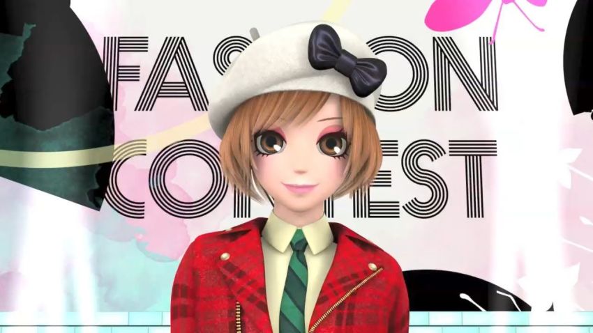 1girl anime_screenshot beret blazer bob_cut bow brown_eyes brown_hair collared_shirt english_text eyelashes eyeshadow fashion wagamama_fashion_girls_mode:_yokubari_sengen! green_necktie hat jacket leather leather_jacket makeup necktie nicky_(style_savvy) nintendo official_art pink_eyeshadow pink_lips plaid_clothes plaid_jacket red_leather runway shirt sign solo solo_focus stage girls_mode upper_body white_hat