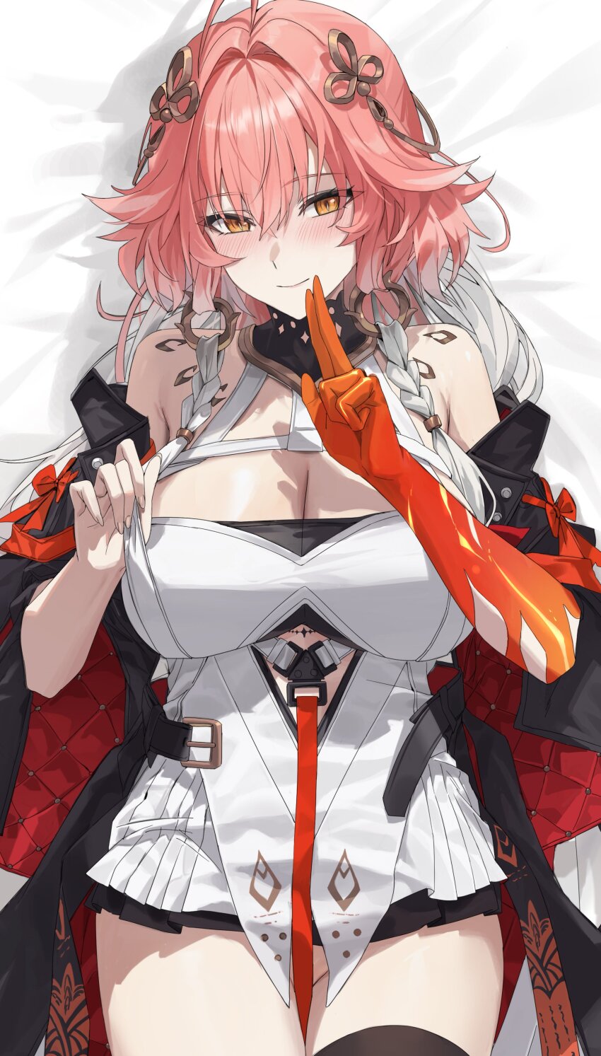 1girl absurdres ahoge armpit_crease artist_request bare_shoulders black_jacket blush body_markings braid breasts changli_(wuthering_waves) check_artist cleavage closed_mouth colored_extremities commentary_request cowboy_shot dakimakura_(medium) dress from_above hair_extensions hair_intakes hair_ornament hand_up highres jacket kuji-in large_breasts long_hair looking_at_viewer lying multicolored_hair no_panties off_shoulder on_back orange_eyes otakueden1995 red_hair red_hands ring_hair_extensions short_dress smile solo tacet_mark_(wuthering_waves) thigh_strap thighhighs thighs twin_braids two-tone_hair white_dress white_hair wuthering_waves