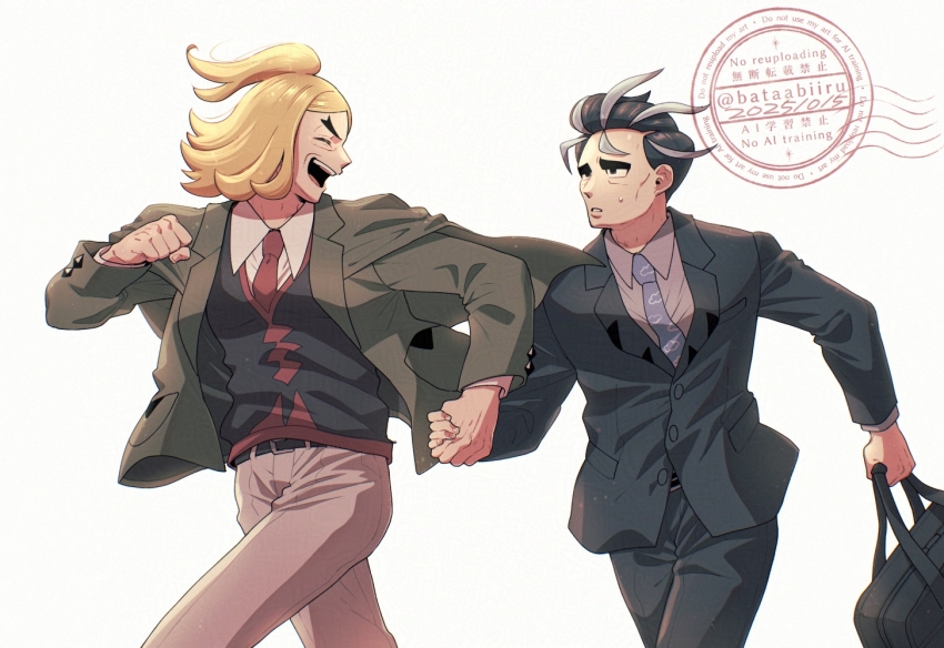 2boys batabiru belt black_belt black_hair black_suit black_sweater blonde_hair blue_necktie briefcase cheekbones collared_shirt formal_clothes grey_shirt hassel_(pokemon) holding holding_briefcase holding_hands larry_(pokemon) male_focus multiple_boys necktie nintendo open_mouth parted_lips pokemon pokemon_sv red_necktie salaryman shirt short_hair simple_background suit sweater white_background