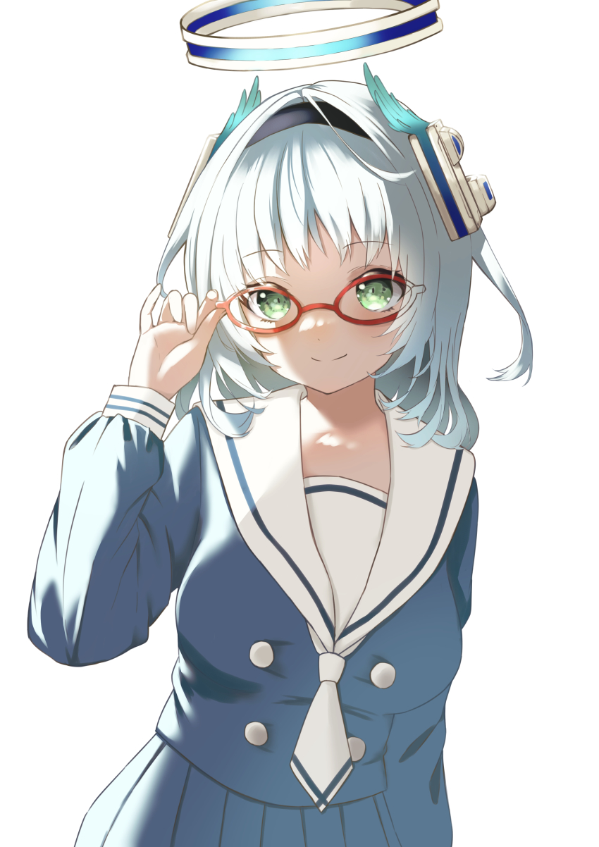 1girl absurdres adjusting_eyewear breasts commission glasses gradient_wings green_eyes hairband halo headset highres kamishiro_rita large_breasts long_sleeves mechanical_halo multicolored_wings neckerchief nisi_ki_no pleated_skirt prism_project red-framed_eyewear sailor_collar school_uniform serafuku skeb_commission skirt solo virtual_youtuber white_hair white_sailor_collar wings
