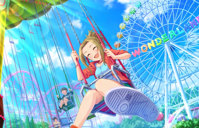 blush brown_hair dres closed_eyes ferris_wheel hsmilesky idolmaster idolmaster_cinderella_girls idolmaster_cinderella_girls_starlight_stage manabe_itsuki official_art short_hair swing