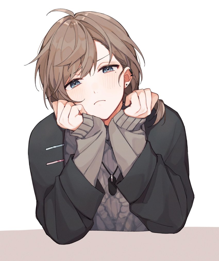 1boy ahoge black_jacket blue_eyes blush brown_hair commentary_request dog_tags earrings frown grey_sweater hands_on_own_face highres jacket jewelry kanae_(8th_costume)_(nijisanji) kanae_(nijisanji) leaning_on_object long_sleeves looking_at_viewer male_focus medium_hair mole mole_under_eye multiple_earrings necklace nijisanji pout sleeves_past_wrists solo sweater swept_bangs table tojimobu upper_body virtual_youtuber