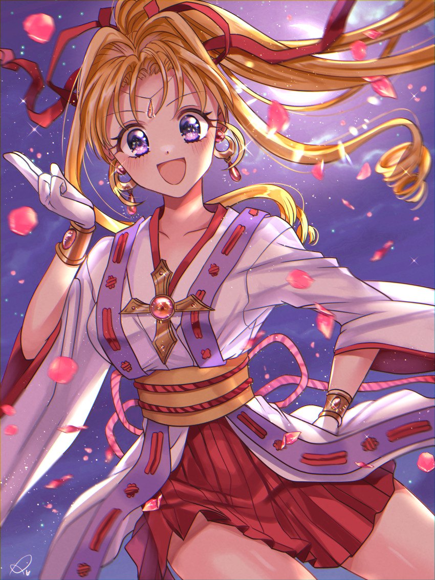 1girl :d absurdres back_bow blonde_hair blush bow circlet collarbone cowboy_shot crescent_moon cross curly_hair dot_nose earrings gloves hair_bow hair_intakes hand_on_own_hip highres japanese_clothes jewelry kaitou_jeanne kamikaze_kaitou_jeanne kimono kusakabe_maron long_hair looking_at_viewer magical_girl moon night obi open_mouth outdoors petals pink_bow pleated_skirt ponytail purple_eyes red_bow red_skirt rokico rose_petals sash shiny_skin skirt smile solo white_gloves white_kimono