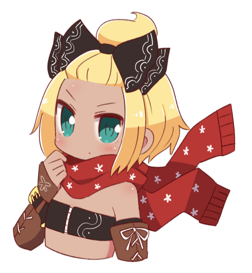 1girl 7th_dragon 7th_dragon_(series) bandeau bangs_pinned_back black_bandeau black_bow blonde_hair blue_eyes blush bow brown_gloves closed_mouth commentary_request cropped_torso dark-skinned_female dark_skin female_focus fingerless_gloves floating_scarf forehead fringe_trim gloves hair_bow hand_up hatch_(7th_dragon) highres looking_at_viewer naga_u red_scarf rogue_(7th_dragon) scarf simple_background solo upper_body v-shaped_eyebrows white_background