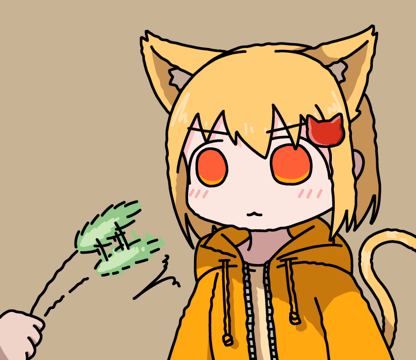 1girl absurdres animal_ears blonde_hair cat_ears cat_girl cat_hair_ornament cat_tail cat_teaser closed_mouth drawstring emesan_desu hair_ornament highres hood hood_down hooded_jacket jacket open_clothes open_jacket orange_eyes orange_jacket original simple_background tail upper_body zipper