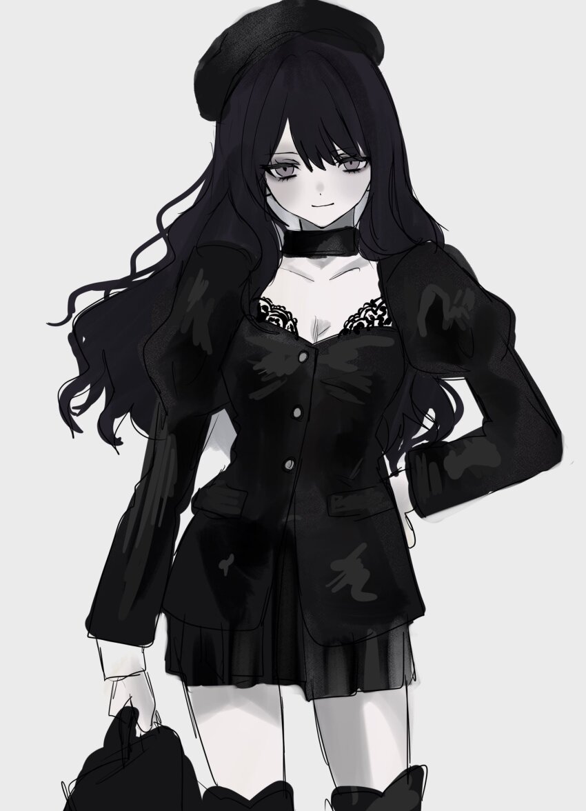1girl akai_ringo_(eveyuno) choker hand_on_own_hip highres light_smile long_hair long_sleeves looking_at_viewer original pleated_skirt skirt standing white_background