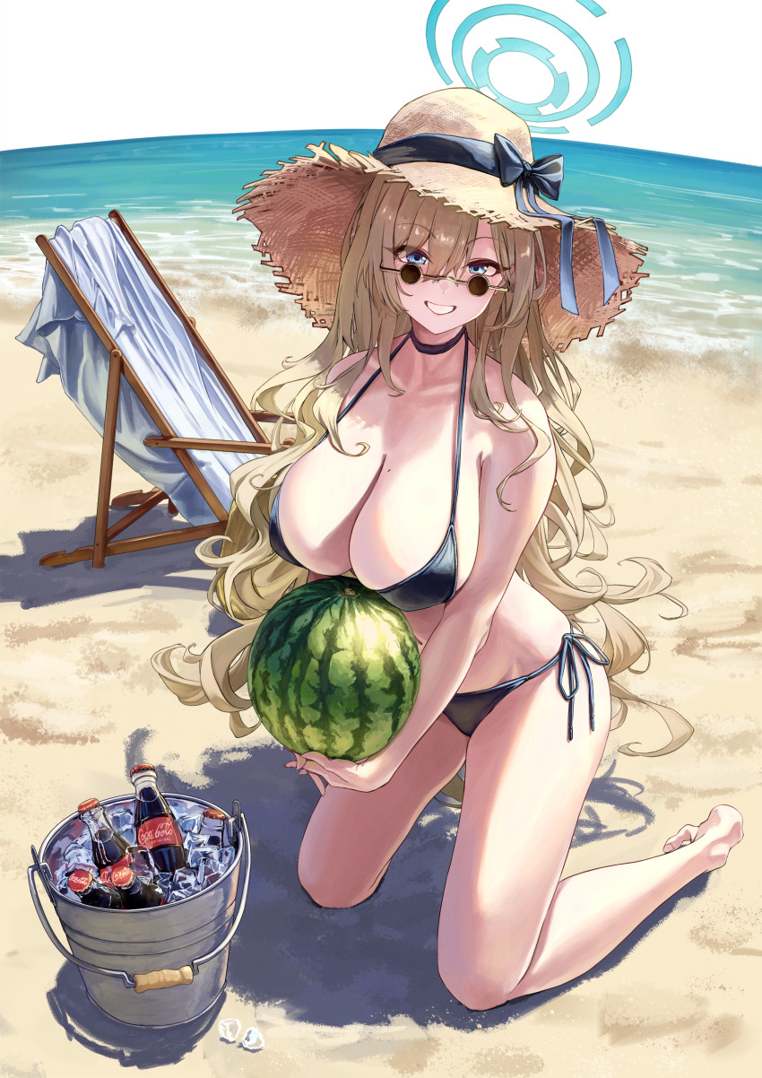 1girl absurdres alternate_costume asuna_(blue_archive) bare_legs barefoot beach bikini black_bikini black_choker blonde_hair blue_archive bocchi_(kuropom7) breasts bucket choker coca-cola collarbone food fruit groin halo halterneck hat highres huge_breasts ice kneeling long_hair looking_at_viewer messy_hair mole mole_on_breast outdoors sand side-tie_bikini_bottom solo straw_hat string_bikini sunglasses swimsuit thighs very_long_hair watermelon