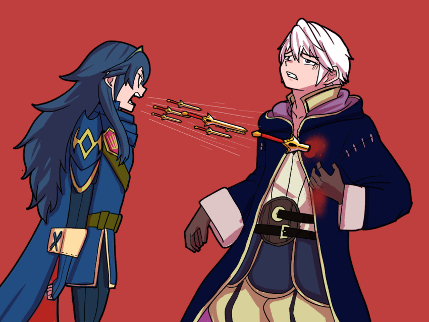 1boy 1girl ahoge angry armor arms_at_sides belt blood blue_cape blue_eyes blue_hair brown_eyes cape clenched_hands clenched_teeth coat collarbone falchion_(fire_emblem) fingerless_gloves fire_emblem fire_emblem_awakening flat_chest from_side gloves hair_between_eyes hair_ornament hand_on_own_chest injury intelligent_systems knife long_hair long_sleeves looking_at_another lucina_(fire_emblem) meme mnejing30 multiple_belts nintendo open_mouth pain pants parted_lips profile red_background robin_(fire_emblem) samoye_strashnoye_oruzhiye short_hair shoulder_armor shouting sidelocks simple_background standing sword teeth throwing_knife tiara v-shaped_eyebrows weapon white_hair wide_sleeves woman_shouting_knives_(meme)