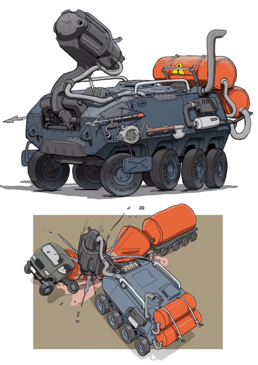 commentary_request crushing debris gatling_santouhei harpoon highres military_vehicle motion_lines motor_vehicle multiple_views no_humans original shadow sign tank truck vehicle_focus warning_sign white_background
