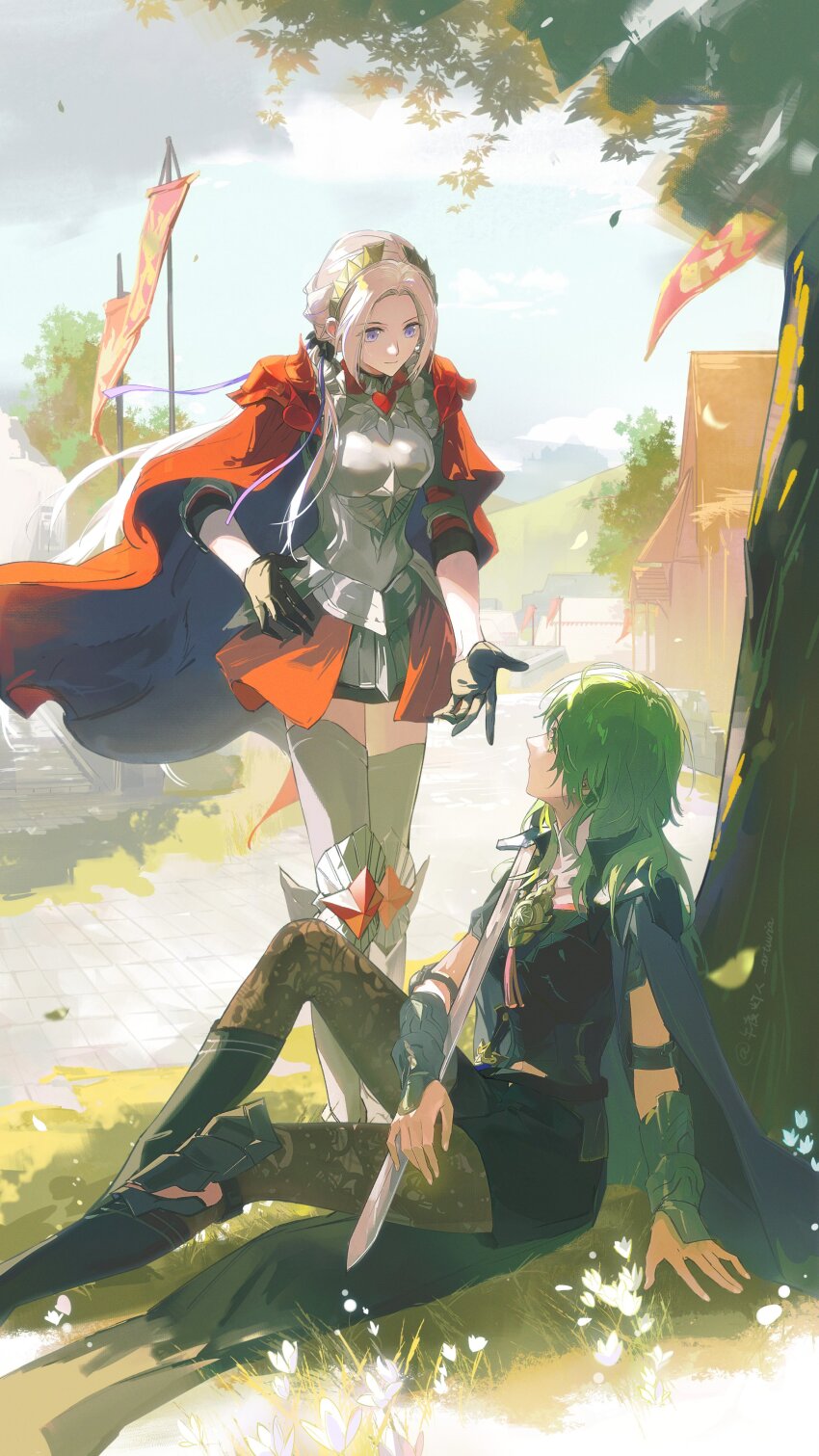 2girls absurdres artuvia breasts cape closed_mouth edelgard_von_hresvelg female_byleth_(enlightened)_(fire_emblem) female_byleth_(fire_emblem) fire_emblem fire_emblem:_three_houses fire_emblem_warriors:_three_hopes gloves hair_ornament hair_ribbon highres long_hair multiple_girls nintendo official_alternate_costume official_alternate_hairstyle pantyhose purple_eyes red_cape ribbon skirt smile sword weapon white_hair yuri