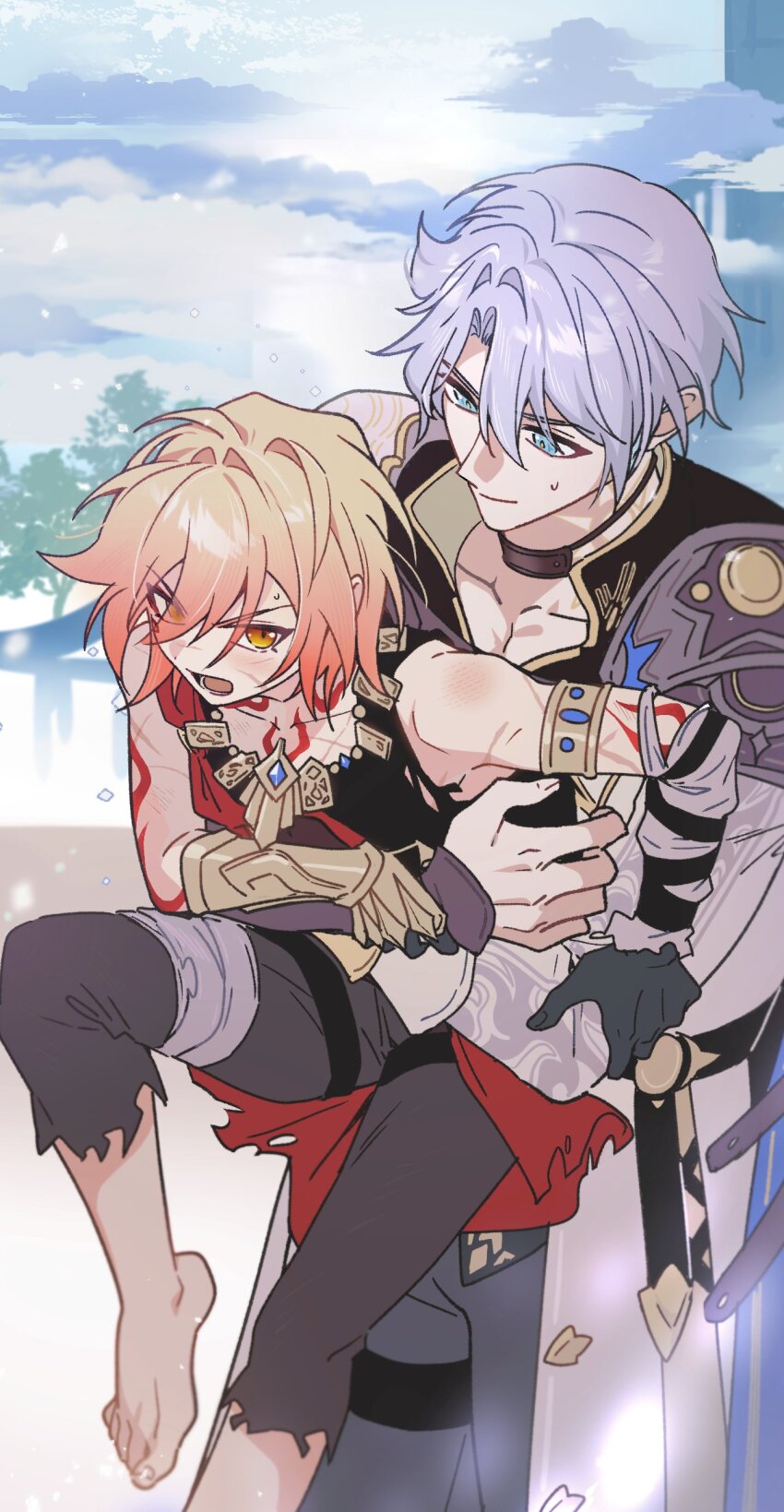 2boys absurdres aged_down arm_tattoo armlet armor barefoot black_choker black_pants black_shirt black_shorts blonde_hair blue_cape blue_eyes blue_sky blush braid cape carrying carrying_person chest_tattoo choker clawed_gauntlets cm_(tenji1352) coat commentary_request facial_tattoo gold_necklace gradient_hair hair_between_eyes highres honkai:_star_rail honkai_(series) jewelry korean_commentary looking_at_another male_focus medium_hair multicolored_hair multiple_boys mydei_(honkai:_star_rail) neck_tattoo necklace outdoors pants pauldrons phainon_(honkai:_star_rail) red_hair red_tattoo scar shirt short_hair shorts shoulder_armor side_braid single_pauldron sky sleeveless sleeveless_shirt sun_symbol sun_tattoo sweatdrop tan tattoo thigh_strap torn_clothes torn_shirt white_coat white_hair yellow_eyes