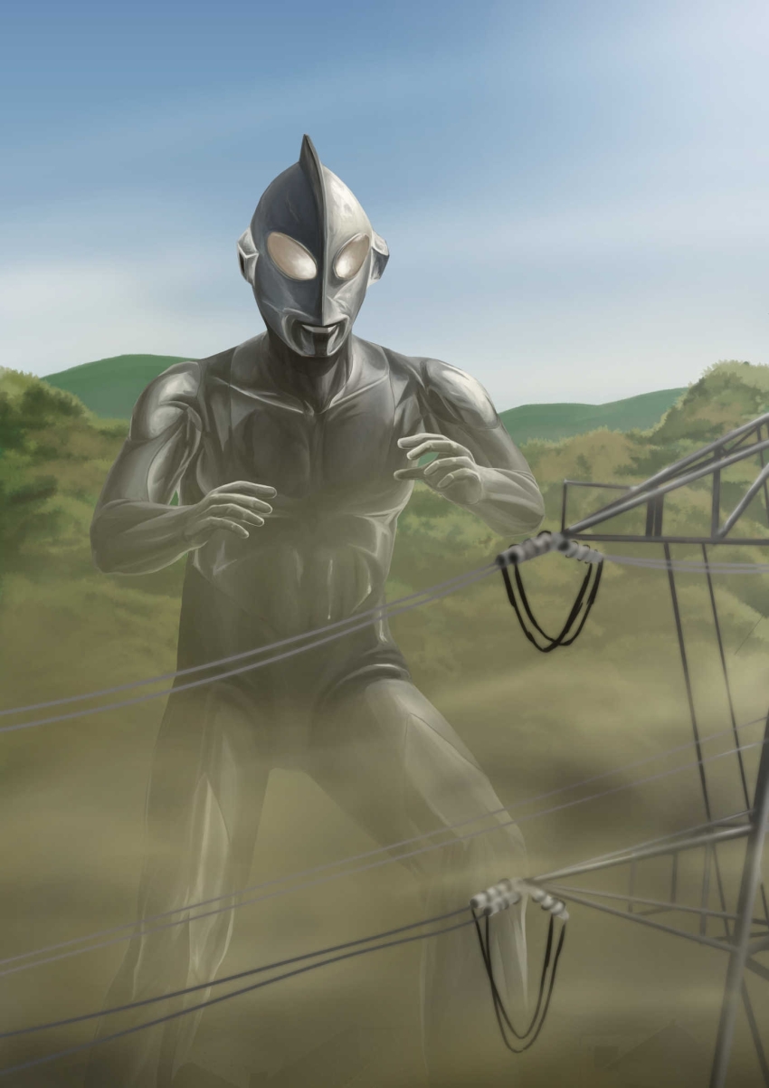 1boy alien blue_sky collarbone colored_skin commentary compound_eyes day dorsal_fin dust_cloud feet_out_of_frame fighting_stance gattyo giant glowing glowing_eyes gradient_sky hands_up highres house knee_up legs_apart looking_ahead male_focus moss mountain mountainous_horizon outdoors pectorals power_lines shin_ultraman silver_skin sky solo standing tokusatsu tsuburaya_productions ultra_series ultraman ultraman_(shin) white_eyes wrinkled_skin