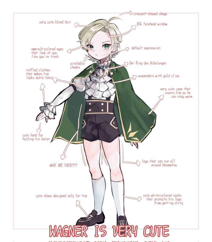 1boy ahoge ascot black_shoes black_shorts blonde_hair cape character_name classicaloid closed_mouth english_text green_cape green_eyes highres juliet_sleeves long_sleeves male_focus pointing_out_the_details puffy_sleeves richard_wagner_(classicaloid) rmiwalk shirt shoes short_hair shorts socks suspenders white_ascot white_shirt white_socks