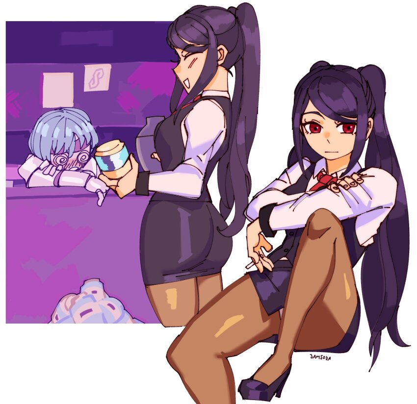 3amsoda :| @_@ ass blush cigarette closed_mouth cocktail_shaker high_heels highres holding holding_cigarette jill_stingray miniskirt necktie panties pantyhose pantyshot pencil_skirt purple_hair red_eyes sei_asagiri skirt smile spiral-only_eyes thighs twintails underwear uniform upskirt va-11_hall-a vest