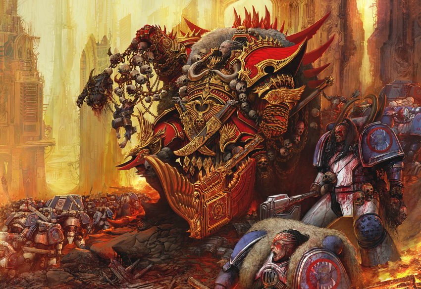 6+boys adeptus_astartes after_battle alexboca angron angry antennae architecture armor armored_boots army artist_name axe bald bisected black_hair blood blood_on_armor blood_on_ground bloody_weapon blue_armor boots breastplate building butchers_nails cable cable_hair cape chain chain_around_arm chainsaw chainsword chaos_space_marine clenched_teeth commentary corpse death dreadnought_(warhammer_40k) eagle_head_(ornament) english_commentary facepaint fighting_stance fire flag full_armor full_body fur-trimmed_cape fur_trim gauntlets gold_armor greaves gun heavy_bolter helmet highres holding holding_axe holding_bolter holding_chain holding_chainsaw holding_detached_head holding_flag holding_gun holding_polearm holding_sword holding_weapon horned_armor imperial_aquila industrial knife_belt long_hair male_focus military_uniform military_vehicle motor_vehicle multiple_boys no_headwear on_rock open_mouth ornate_armor ornate_axe ornate_weapon outdoors pale_skin pauldrons pelt pelvic_curtain polearm power_armor power_lines primarch pteruges red_armor scabbard scar scar_on_face science_fiction screaming severed_arm severed_head severed_limb sheath sheathed shoulder_armor shoulder_pads shoulder_spikes signature skull skull_belt skull_ornament sky skyscraper spiked_axe spiked_pauldrons spikes sword tank teeth terminator_armor tower vambraces war warhammer_40k weapon white_armor wire world_eaters yellow_sky