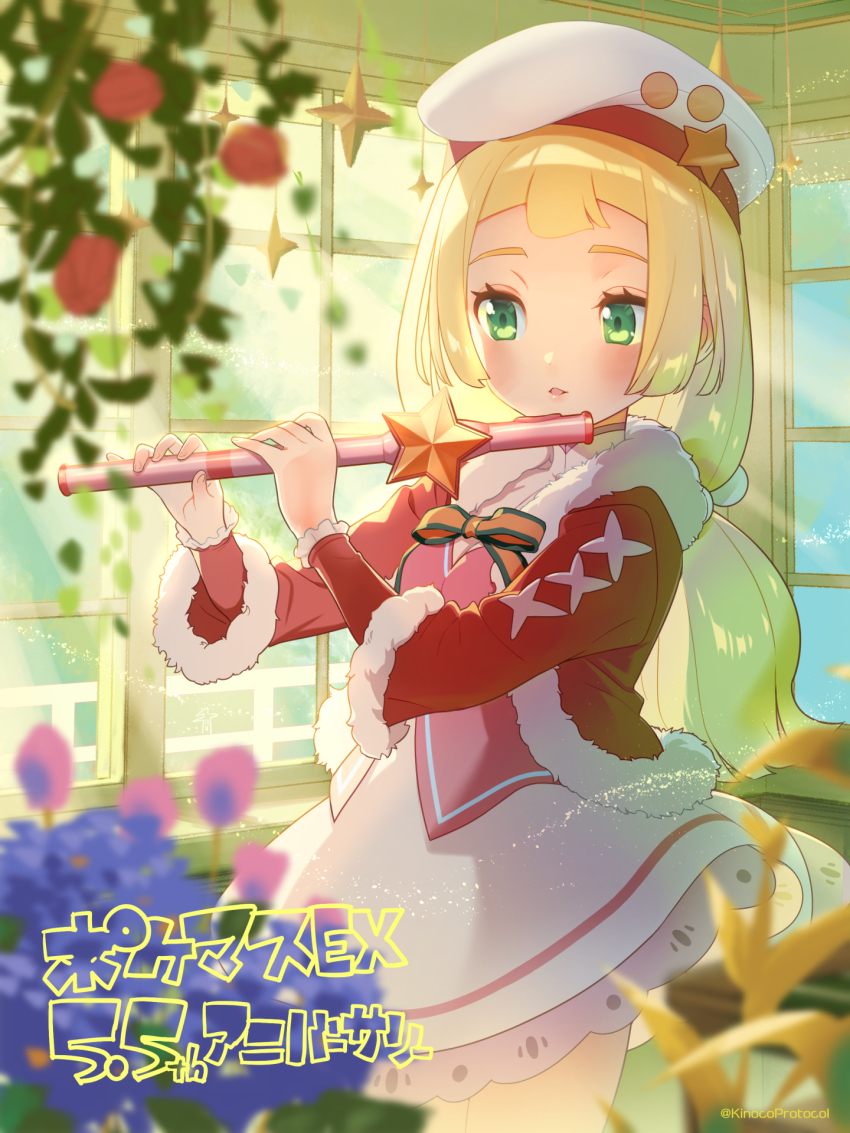 1girl blonde_hair blush dress flute green_eyes hat highres holding holding_flute holding_instrument instrument kinocopro lillie_(holiday_2024)_(pokemon) lillie_(pokemon) long_hair long_sleeves nintendo official_alternate_costume pokemon pokemon_masters_ex recorder solo white_hat