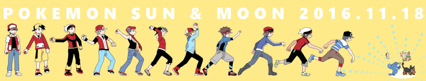 6+boys absurdres backwards_hat bad_id bad_pixiv_id baseball_cap beanie beret black_hair black_headwear black_shirt brendan_(pokemon) brown_hair calem_(pokemon) capri_pants commentary_request copyright_name dated denim dual_persona elio_(pokemon) ethan_(pokemon) game_freak gen_7_pokemon hat highres hilbert_(pokemon) holding holding_poke_ball jacket jeans litten long_image lucas_(pokemon) multiple_boys nate_(pokemon) nintendo open_poke_ball pants poke_ball poke_ball_(basic) pokemon pokemon_(creature) pokemon_bw pokemon_bw2 pokemon_dppt pokemon_frlg pokemon_gsc pokemon_hgss pokemon_oras pokemon_rgby pokemon_rse pokemon_sm pokemon_xy popped_collar popplio pumpkinpan red_(pokemon) red_scarf rowlet scarf shirt shoes short_hair short_sleeves shorts simple_background sneakers starter_pokemon_trio striped_clothes striped_shirt swept_bangs t-shirt tan throwing throwing_poke_ball vest visor_cap wide_image yellow_background yellow_shorts