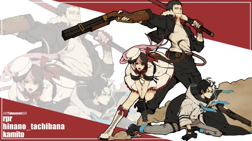 1girl 2boys apex_legends b3_wingman black_footwear black_gloves black_hair black_jacket blue_eyes boots bow brown_hair character_name dress facial_hair floating_hair fur_trim gloves grey_pants gun hair_behind_ear hair_bow handgun highres holding holding_gun holding_sword holding_weapon indie_virtual_youtuber iris_black_games jacket kamito_(vtuber) katana knee_boots multicolored_hair multiple_boys over_shoulder pants parted_lips peacekeeper_(shotgun) pink_hair red_bow revolver rpr scarz shirt shotgun smile stubble sword tachibana_hinano_(2nd_costume) tachibana_hinano taga_kiichi twintails two-tone_hair virtual_youtuber vspo! weapon weapon_over_shoulder white_dress white_footwear white_hair white_headwear white_shirt
