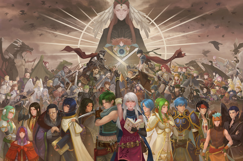 6+boys 6+girls almedha_(fire_emblem) aran_(fire_emblem) arm_up armor artist_name ashera_(fire_emblem) astrid_(fire_emblem) axe bare_shoulders bastian_(fire_emblem) battle bird black_hair black_knight_(fire_emblem) blue_hair blue_scarf book boyd_(fire_emblem) breastplate brom_(fire_emblem) brown_hair calill_(fire_emblem) cape closed_eyes crossed_swords devdan_(fire_emblem) dragon edward_(fire_emblem) elbow_gloves elincia_ridell_crimea elincia_ridell_crimea_(undaunted_queen) everyone fingerless_gloves fiona_(fire_emblem) fire_emblem fire_emblem:_radiant_dawn full_armor gatrie_(fire_emblem) gauntlets geoffrey_(fire_emblem) gloves green_hair haar_(fire_emblem) heather_(fire_emblem) helmet hetzel_(fire_emblem) holding holding_book holding_sword holding_weapon ike_(fire_emblem) ilyana_(fire_emblem) izuka_(fire_emblem) jill_(fire_emblem) kieran_(fire_emblem) kurthnaga_(fire_emblem) laguz_(fire_emblem) laura_(fire_emblem) leanne_(fire_emblem) lekain_(fire_emblem) leonardo_(fire_emblem) lethe_(fire_emblem) long_hair lucia_(fire_emblem) makalov_(fire_emblem) marcia_(fire_emblem) meg_(fire_emblem) mia_(fire_emblem) micaiah_(fire_emblem) mist_(fire_emblem) mordecai_(fire_emblem) muarim_(fire_emblem) multiple_boys multiple_girls naesala_(fire_emblem) nailah_(fire_emblem) nephenee_(fire_emblem) nintendo nolan_(fire_emblem) oliver_(fire_emblem) orange_hair oscar_(fire_emblem) pelleas_(fire_emblem) purple_hair rafiel_(fire_emblem) ranulf_(fire_emblem) red_hair reyson_(fire_emblem) rhys_(fire_emblem) rolf_(fire_emblem) sanaki_kirsch_altina scarf sephiran_(fire_emblem) shinon_(fire_emblem) shoulder_armor sigrun_(fire_emblem) silver_hair soren_(fire_emblem) sothe_(fire_emblem) stefan_(fire_emblem) sword tanith_(fire_emblem) tauroneo_(fire_emblem) tibarn_(fire_emblem) titania_(fire_emblem) tormod_(fire_emblem) volke_(fire_emblem) watermark weapon yagaminoue yellow_eyes yune_(fire_emblem) zihark_(fire_emblem)