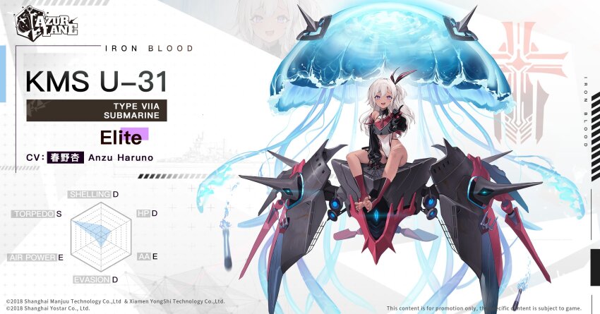 1girl :d artist_request azur_lane bare_legs bare_shoulders between_legs black_gloves blonde_hair blush breasts buttons character_name commentary copyright_name crop_top dark-skinned_female dark_skin detached_collar double-breasted english_commentary english_text full_body gloves hair_between_eyes hair_ribbon hand_between_legs highres index_finger_raised iron_blood_(emblem) jellyfish knees_apart_feet_together light_brown_hair long_hair looking_at_viewer official_art open_mouth promotional_art purple_eyes ribbon rigging side_ponytail small_breasts smile solo spread_legs striped_ribbon submarine swimsuit swimsuit_under_clothes tan tanline torpedo u-31_(azur_lane) watercraft wet