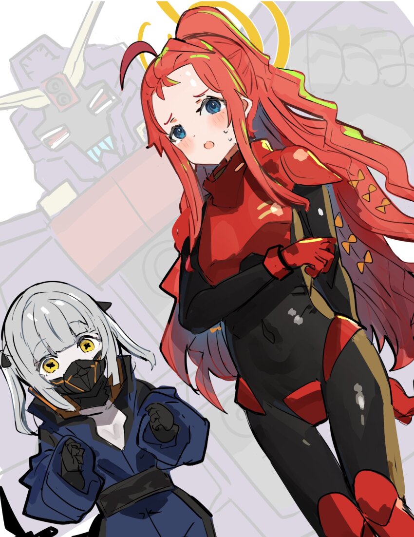 1other 2girls alternate_costume avant_garde_(blue_archive) blue_archive blue_eyes bodysuit deux_murasame halo highres looking_at_viewer multiple_girls ple_two psycho_gundam_mk_ii the_olphy yuzu_(blue_archive)