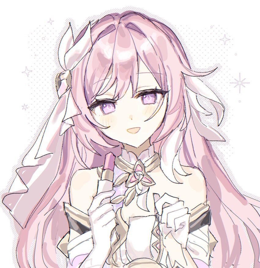 1girl breasts commentary corset cosmetics diamond-shaped_pupils diamond_(shape) done_(qz1c_) elysia_(herrscher_of_human:_ego)_(honkai_impact) elysia_(honkai_impact) gloves highres holding holding_lipstick_tube honkai_(series) honkai_impact_3rd lipstick_tube long_hair looking_at_viewer pink_hair purple_eyes simple_background smile solo symbol-only_commentary symbol-shaped_pupils triquetra upper_body veil very_long_hair white_background white_corset white_gloves white_veil