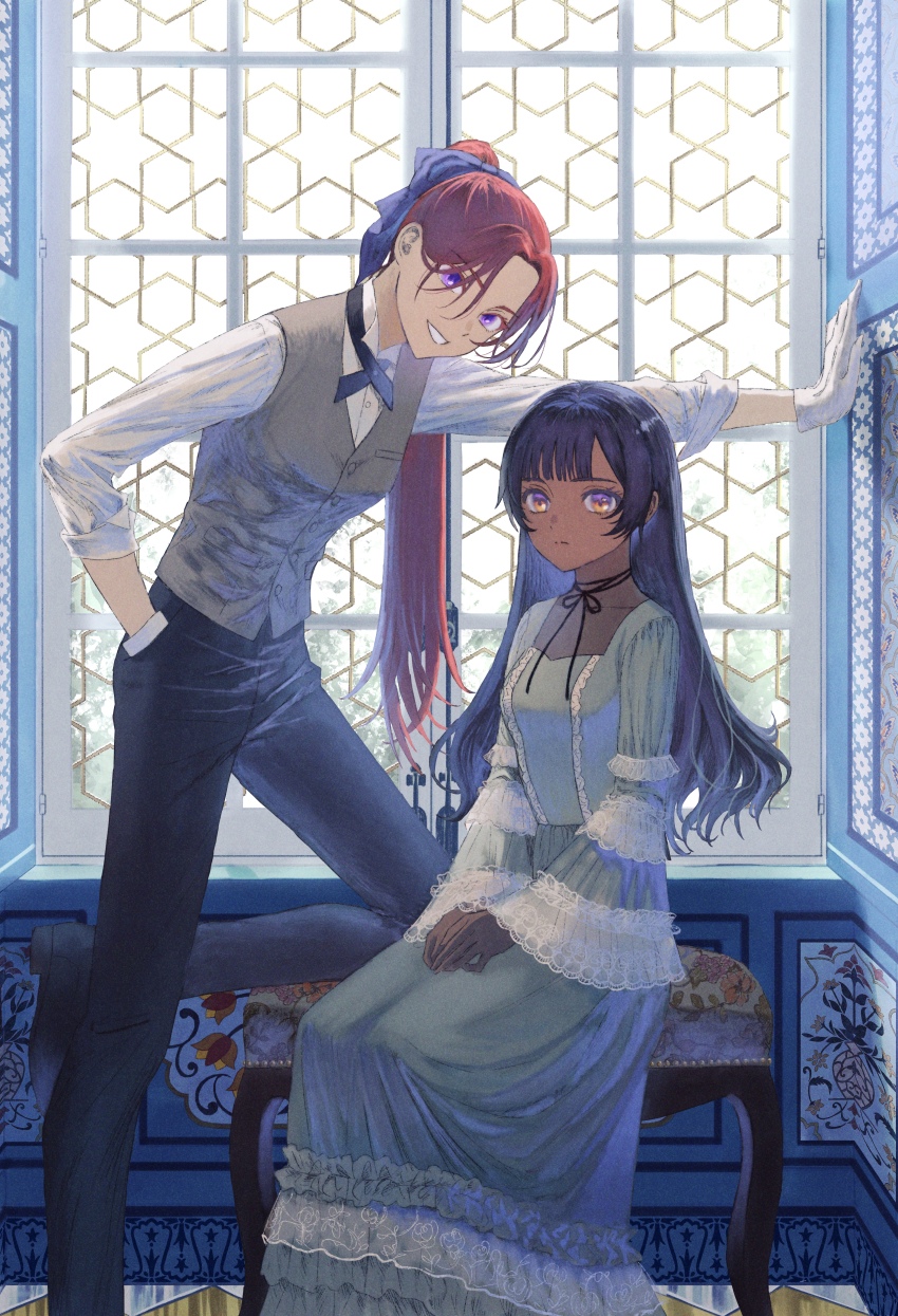 2girls absurdres black_hair dark_skin edaori gloves highres long_hair looking_at_viewer multiple_girls original ponytail red_hair sitting smile standing tan window yuri
