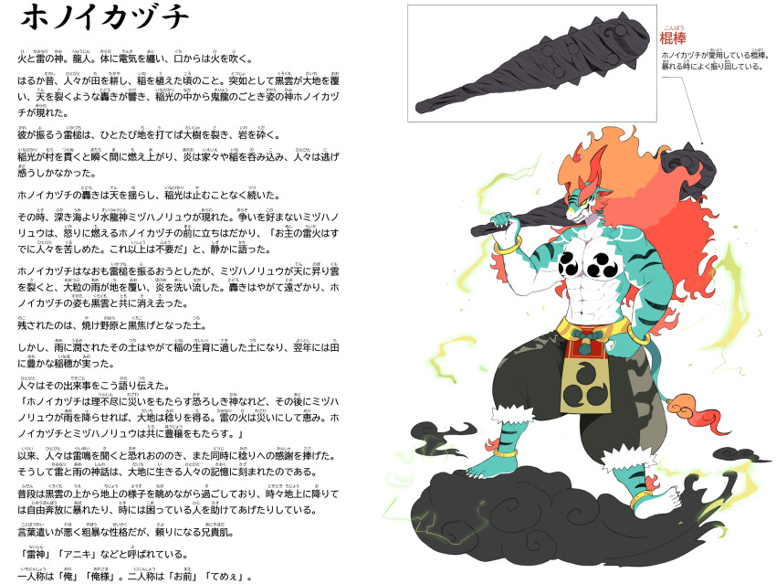 1boy baggy_pants blue_eyes blue_skin club_(weapon) colored_sclera colored_skin commentary_request fiery_hair fur-tipped_tail furry furry_male grin hand_on_own_hip highres holding holding_club holding_weapon horns male_focus muscular muscular_male orange_hair original over_shoulder pants red_hair simple_background smile tail tiger_subaru translation_request weapon weapon_over_shoulder white_background yellow_sclera