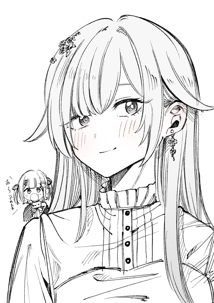 2girls absurdres aizawa_ema aizawa_ema_(3rd_costume) blouse blush chibi chibi_inset earrings flower_earrings flower_hairpin greyscale hair_flaps hair_intakes highres jewelry kou_hei_(takasr_kou) long_hair monochrome multiple_girls parted_bangs portrait shinomiya_runa shinomiya_runa_(1st_costume) shirt sketch solo_focus two_side_up virtual_youtuber vspo!