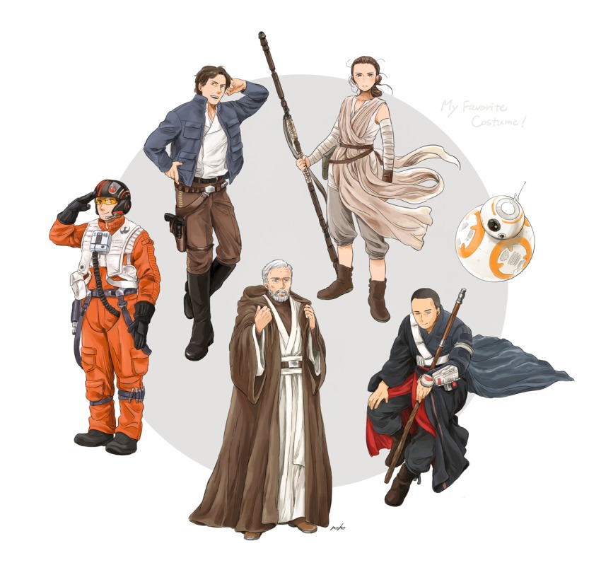 1girl 4boys animification bb-8 belt boots chirrut_imwe energy_gun han_solo highres holster hooded_robe jacket jedi matsuri6373 multiple_boys obi-wan_kenobi pilot_suit poe_dameron ray_gun rebel_pilot_(star_wars) rey_(star_wars) robe robot rogue_one:_a_star_wars_story salute science_fiction signature staff star_wars star_wars:_the_force_awakens tunic weapon