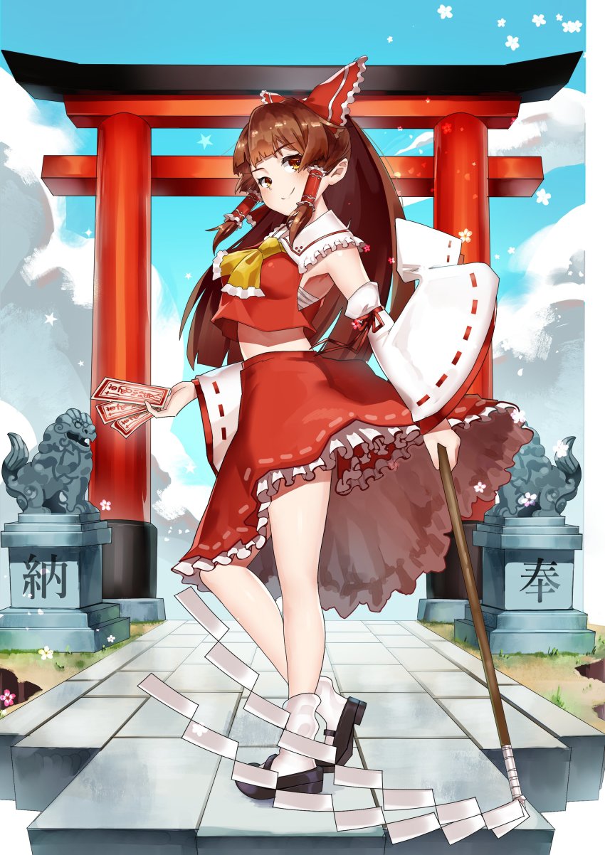 1girl absurdres ascot black_footwear bow breasts brown_eyes brown_hair closed_mouth cloud contrapposto detached_sleeves flower frilled_hair_tubes frilled_skirt frills from_side full_body gohei hair_bow hair_tubes hakurei_reimu highres hiragi_sage holding japanese_clothes komainu long_hair looking_at_viewer medium_breasts miko outdoors pink_flower red_bow red_ribbon red_shirt red_skirt ribbon ribbon-trimmed_skirt ribbon-trimmed_sleeves ribbon_trim shirt skirt sky smile socks solo statue torii touhou white_flower white_sleeves white_socks wide_sleeves yellow_ascot
