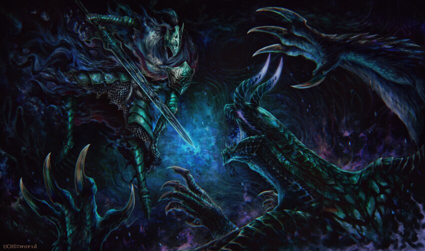 1boy absurdres armor artist_name artorias_the_abysswalker battle black_scales chainmail claws cloak crossover dark_souls_(series) dark_souls_i dragon faulds full_armor gauntlets gore_magala helmet highres holding holding_sword holding_weapon horns knight monster monster_hunter_(series) no_eyes sabaton sharp_teeth shoulder_armor sword teeth trait_connection uchi_vs_the_world weapon winged_arms wings
