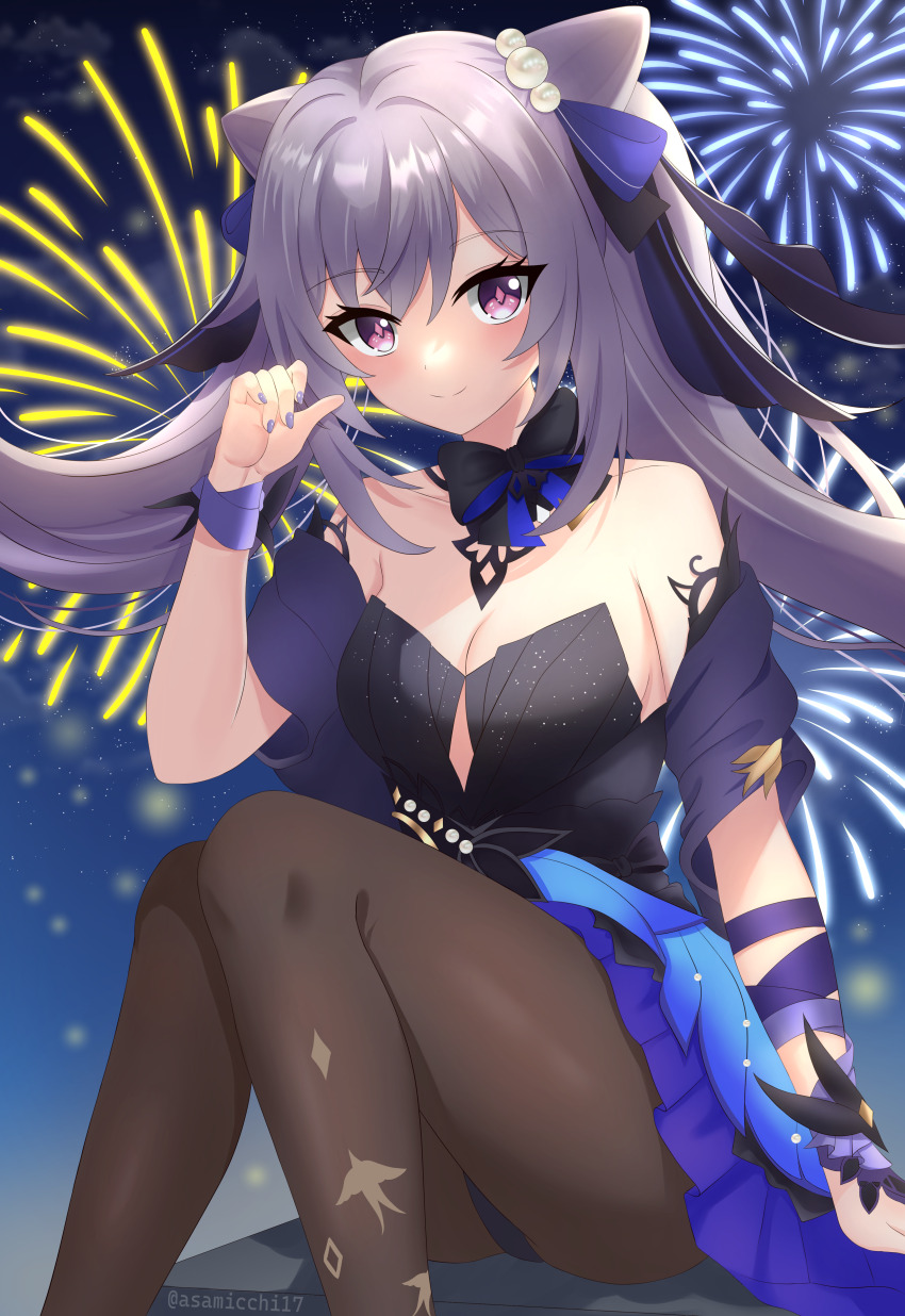 1girl absurdres aerial_fireworks asamicchi17 bare_shoulders black_bow black_bowtie blue_ribbon bow bowtie breasts cleavage closed_mouth collarbone cone_hair_bun diamond-shaped_pupils diamond_(shape) double_bun fireworks genshin_impact grey_hair hair_bun hair_ribbon highres keqing_(genshin_impact) keqing_(opulent_splendor)_(genshin_impact) night night_sky panties pantyhose pantyshot pleated_skirt purple_eyes purple_nails purple_skirt ribbon sitting skirt sky smile solo symbol-shaped_pupils twitter_username underwear