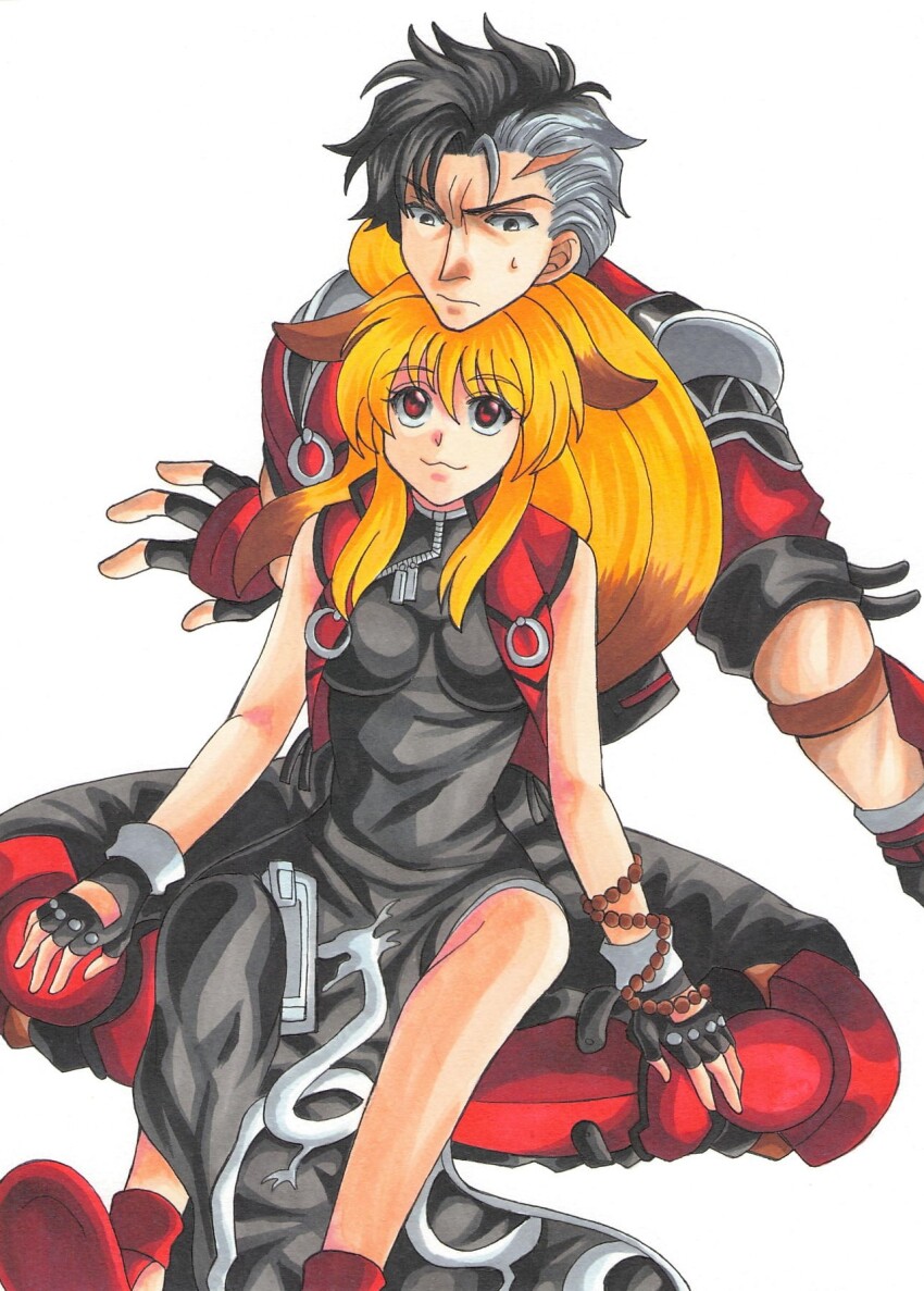 1boy 1girl :3 ahoge animal_ears arisu_reiji beads black_gloves black_hair blonde_hair breasts china_dress chinese_clothes closed_mouth cropped_jacket dress fingerless_gloves gloves highres jacket long_hair looking_at_another medium_breasts multicolored_hair namco_x_capcom o-ring pelvic_curtain ponytail prayer_beads project_x_zone red_eyes red_jacket sakura_usagi_(yuina) scar sitting sitting_on_lap sitting_on_person sleeves_rolled_up super_robot_wars super_robot_wars_og_saga_mugen_no_frontier sweatdrop two-tone_hair vest white_background white_hair xiaomu zipper