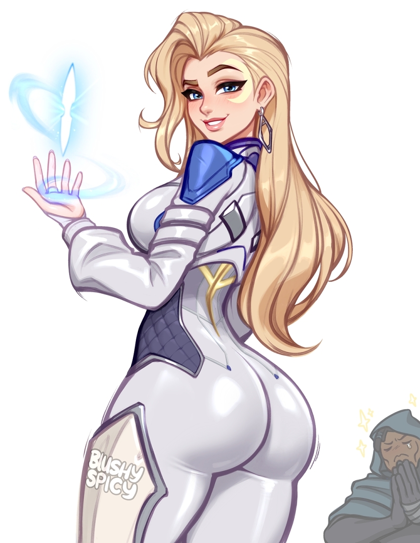 1boy 1girl ass blonde_hair blue_eyes blushyspicy bodysuit breasts cloak cloak_(marvel) crescent crescent_facial_mark dagger_(marvel) dark-skinned_male dark_skin earrings facial_mark highres hood jacket jewelry large_breasts long_hair looking_at_viewer marvel marvel_rivals solo_focus thighs white_bodysuit