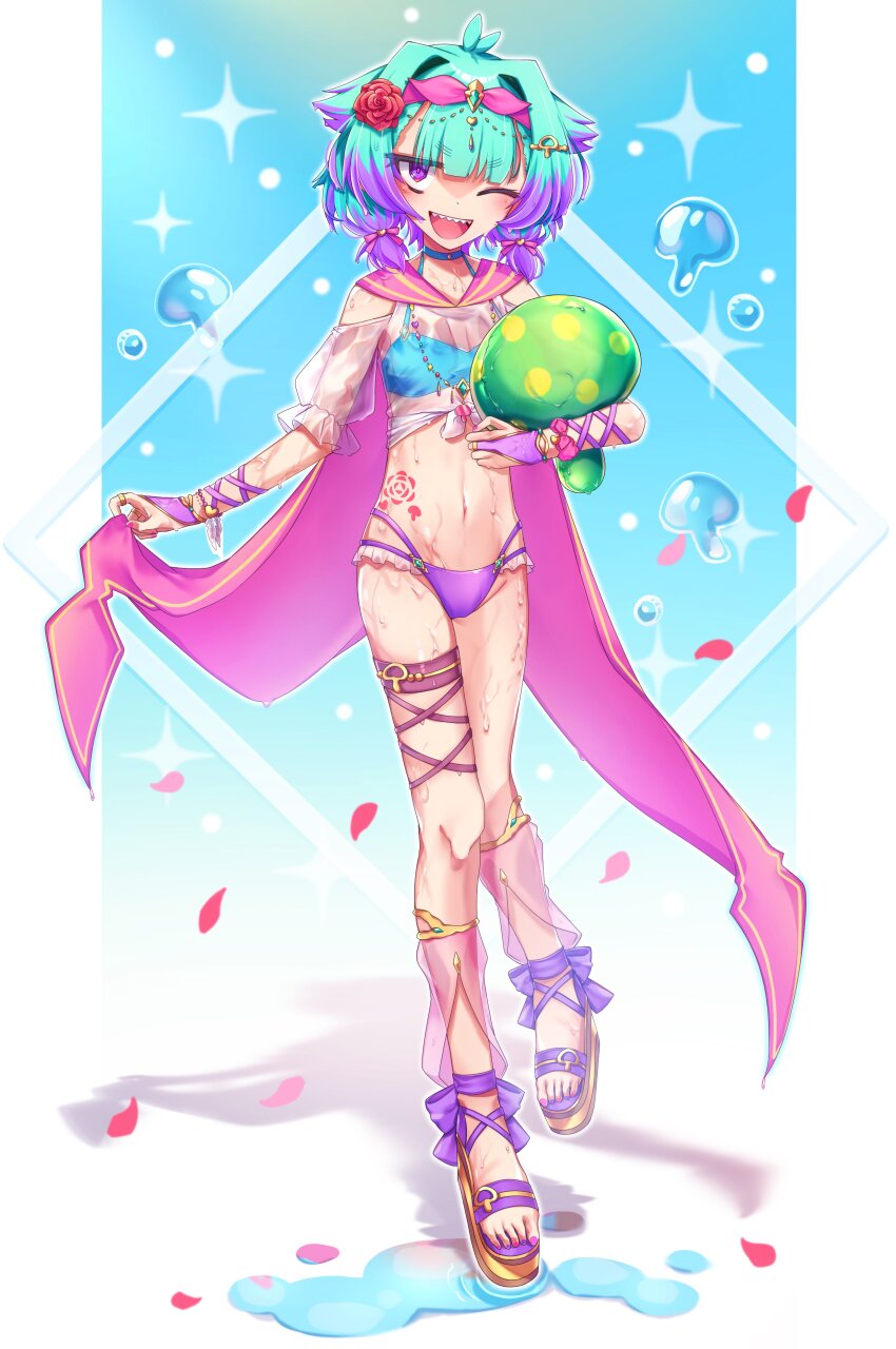 1girl absurdres alternate_costume alternate_hairstyle bikini blue_bikini blush bridal_gauntlets bubble cape commentary_request fate/grand_order fate_(series) flower green_hair hair_flower hair_ornament highres hip_tattoo holding holding_mushroom kibinago_(kibinago614) locusta_(fate) looking_at_viewer multicolored_hair mushroom nail_polish one_eye_closed open_mouth petals pink_cape pink_nails purple_bikini purple_eyes purple_hair purple_sandals red_flower sandals sharp_teeth short_hair short_twintails solo swimsuit teeth thigh_strap toenail_polish toenails twintails two-tone_hair upper_teeth_only water wet