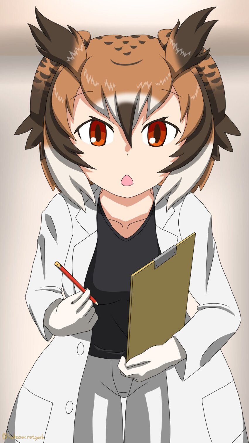 1girl alternate_costume bird_girl bird_wings black_shirt brown_eyes brown_hair casual clipboard coat collarbone cowboy_shot eurasian_eagle_owl_(kemono_friends) gloves hair_between_eyes hakasecretgash head_wings highres kemono_friends lab_coat long_sleeves looking_at_viewer multicolored_hair open_clothes open_coat owl_ears owl_girl pants pencil shirt sidelocks white_coat white_gloves white_hair white_pants wings