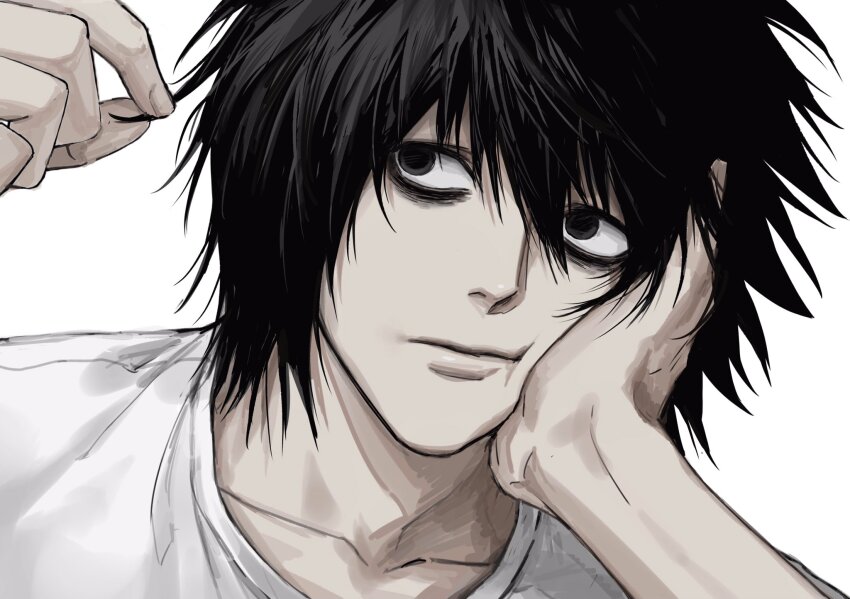 1boy bags_under_eyes black_eyes black_hair bored cheek_press close-up closed_mouth collarbone death_note expressionless hand_on_own_cheek hand_on_own_face hands_up head_rest head_tilt highres l_(death_note) male_focus medium_hair no_eyebrows playing_with_own_hair sanpaku shirt sideways_glance simple_background solo sso_s tareme white_background white_shirt