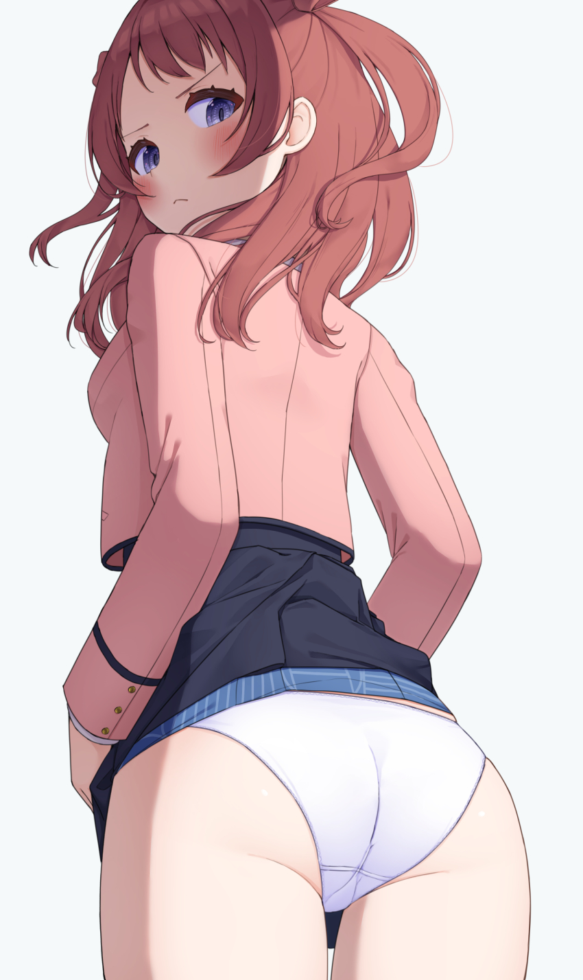 1girl :&lt; absurdres asigaru3000 ass black_overskirt blazer blue_skirt blush brown_hair brown_jacket clothes_lift commentary_request cropped_jacket gakuen_idolmaster hanami_saki hatsuboshi_gakuen_school_uniform highres idolmaster jacket long_hair looking_at_viewer looking_back panties school_uniform simple_background skirt skirt_lift solo underwear white_background white_panties