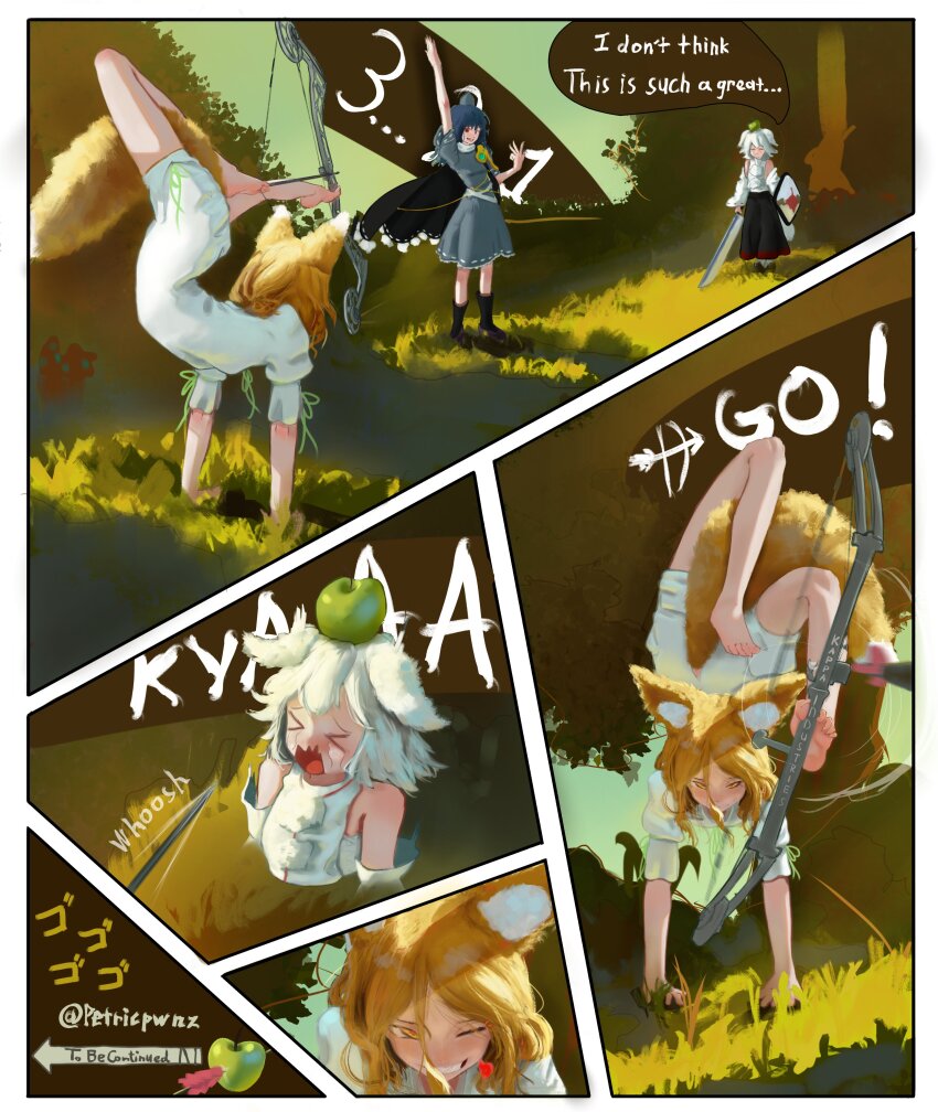 absurdres animal arrow_(projectile) blonde_hair blue_hair bow bow_(weapon) compound_bow english_text handstand highres iizunamaru_megumu inubashiri_momiji kudamaki_tsukasa petricpwnz romper smile sunlight touhou weapon white_hair yellow_eyes