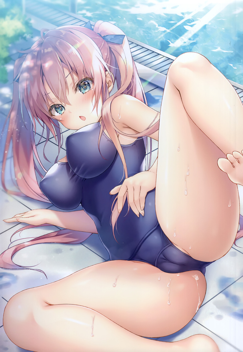 1girl :o absurdres bare_arms bare_legs bare_shoulders barefoot blue_eyes blue_one-piece_swimsuit blue_ribbon blush breasts bush cameltoe collarbone covered_erect_nipples covered_navel day eyelashes feet groin hair_between_eyes hair_ribbon highres impossible_clothes impossible_swimsuit kino_(kino_konomi) large_breasts leg_up long_hair looking_at_viewer lying melonbooks non-web_source old_school_swimsuit on_side one-piece_swimsuit open_mouth original outdoors photoshop_(medium) pink_hair pool pool_ladder poolside ribbon school_swimsuit sidelocks skin_tight soles solo sweat swimsuit taut_clothes taut_swimsuit toes twintails very_long_hair water