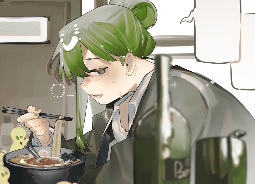 1boy alcohol blank_speech_bubble blurry blurry_foreground can chopsticks collared_shirt eating floor_of_art&#039;s_glowing_creature food from_side glass_bottle green_hair green_jacket green_nails hair_bun highres holding holding_chopsticks jacket kamaboko library_of_ruina looking_at_viewer narutomaki netzach_(project_moon) noodles profile project_moon shirt solo speech_bubble squeans sweat toeiki_c udon white_shirt