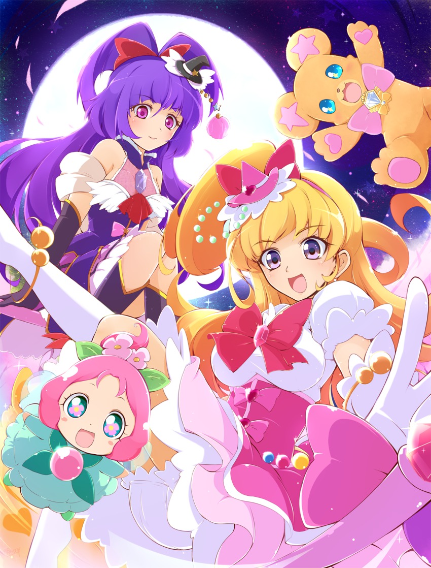 3girls :d asahina_mirai ashita_wa_hitsuji bear black_gloves black_hat blonde_hair blue_eyes bow creature cure_magical cure_miracle dress flower full_moon gem gloves green_dress ha-chan_(mahou_girls_precure!) hair_bow hair_flower hair_ornament hat high_ponytail highres izayoi_liko long_hair looking_at_viewer magical_girl mahou_girls_precure! mini_hat mini_witch_hat mofurun_(mahou_girls_precure!) moon multiple_girls open_mouth pink_bow pink_hair pink_hat pink_skirt ponytail precure purple_eyes purple_hair purple_skirt red_bow riko_(mahou_girls_precure!) short_hair skirt smile star_(symbol) star_in_eye symbol-shaped_pupils symbol_in_eye white_gloves witch_hat