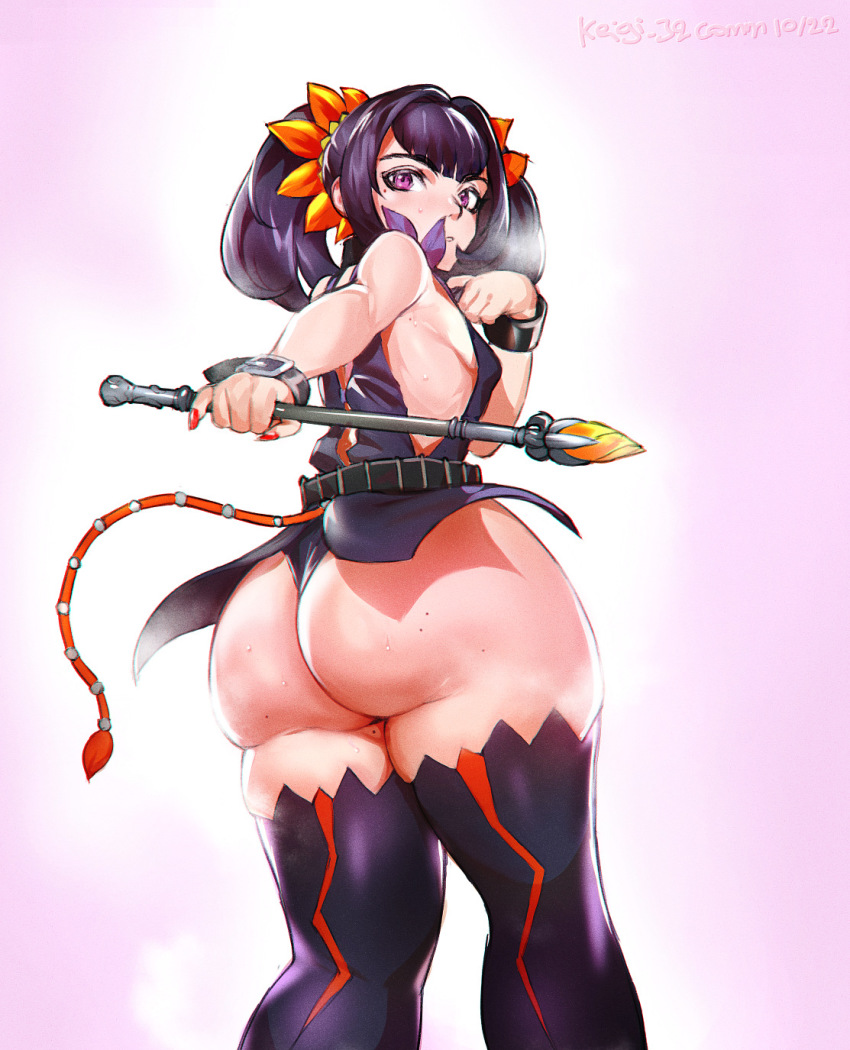 1girl _(tales) ass ass_focus belt black_dress black_hair black_panties black_thighhighs breasts commission dress fingernails from_behind hair_intakes hair_ornament hair_scrunchie highres holding holding_wand huge_ass keigi looking_at_viewer looking_back medium_hair microdress mole mole_on_ass mole_on_thigh multiple_moles nail_polish no_bra orange_scrunchie panties pink_background poker purple_eyes red_nails scrunchie short_twintails sleeveless sleeveless_dress small_breasts solo sweat symonne_(tales) tail tales_of_(series) tales_of_zestiria thick_thighs thighhighs thighs twintails underwear wand wide_hips wrist_straps