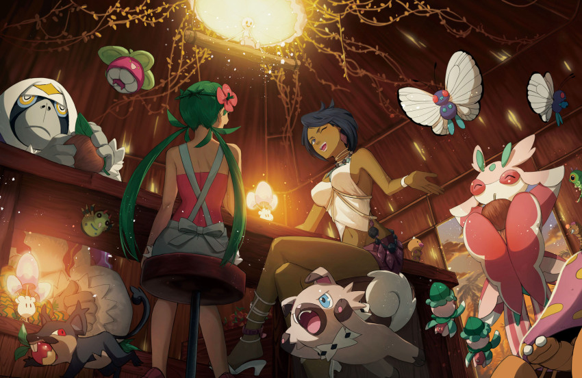 2girls ;d ^_^ absurdres alolan_form alolan_rattata anklet back bare_arms bead_necklace beads bioluminescence black_hair blue_eyes bounsweet bracelet breasts butterfree caterpie chair closed_eyes counter crop_top crossed_legs dark-skinned_female dark_skin doka_(doka_ssing) drinking_straw dutch_angle earrings elite_four flower flying fomantis from_below gen_1_pokemon gen_2_pokemon gen_7_pokemon glowing green_hair hair_flower hair_ornament high_heels highres indoors island_kahuna jewelry lipstick long_hair looking_at_another low_twintails lurantis makeup mallow_(pokemon) medium_breasts midriff morelull multiple_girls nail_polish navel neck_ring necklace nintendo olivia_(pokemon) one_eye_closed open_mouth oranguru overalls parasect pokemon pokemon_(anime) pokemon_(creature) pokemon_sm_(anime) purple_eyes purple_shorts red_eyes rockruff running shiinotic short_hair short_shorts shorts shoulder_blades sideboob sitting sleeveless smile spinarak standing stomach swept_bangs teeth trial_captain twintails upper_teeth_only very_long_hair weedle